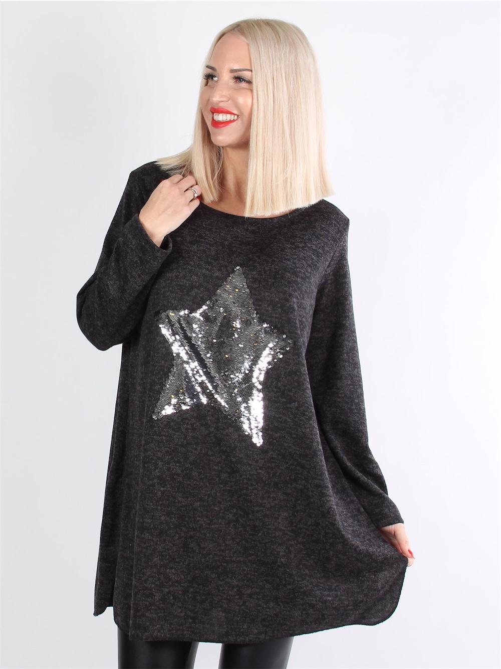 Karen - Mørkegrå bluse med stor stjerne af pailletter